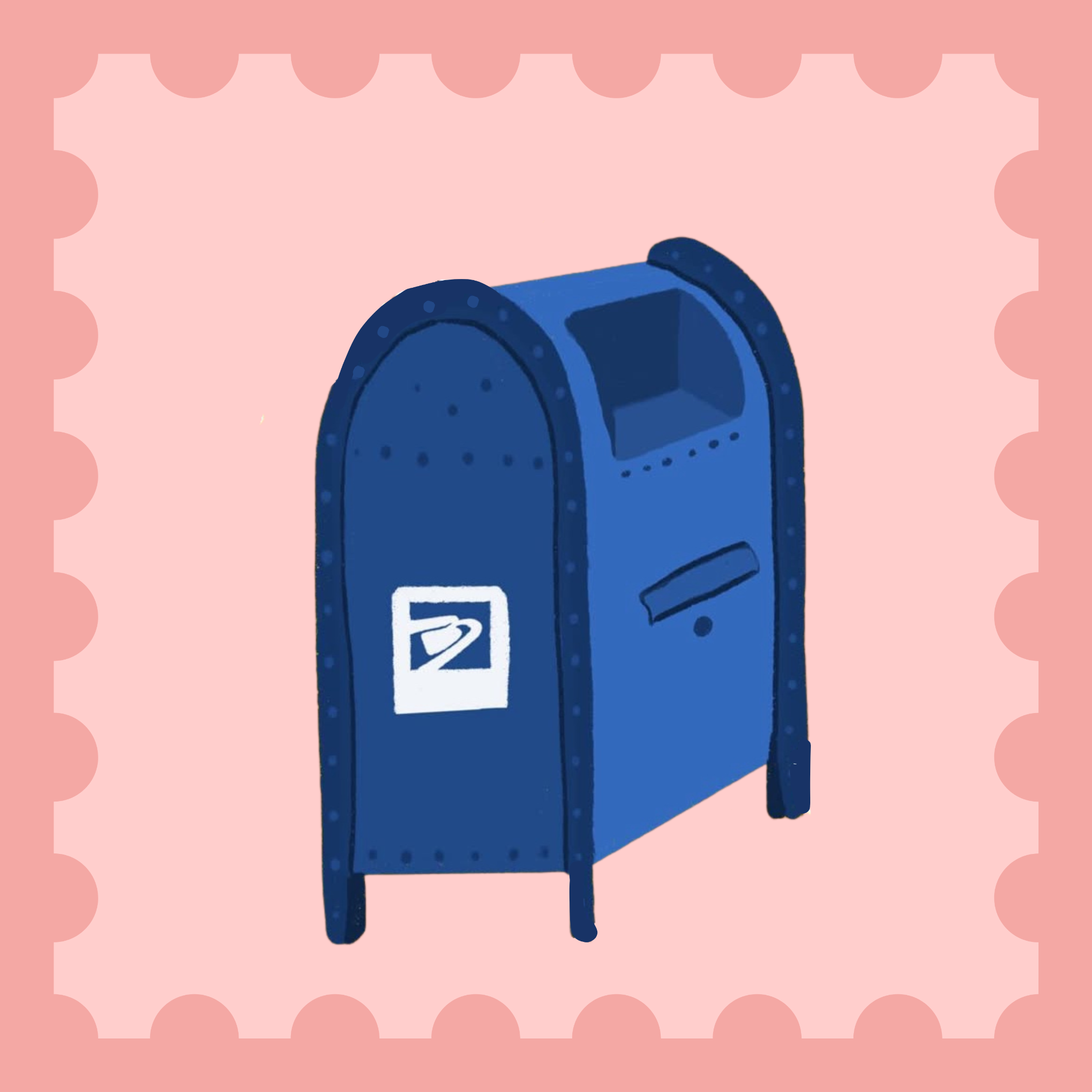 Blue mailbox with USPS logo on a pink background
